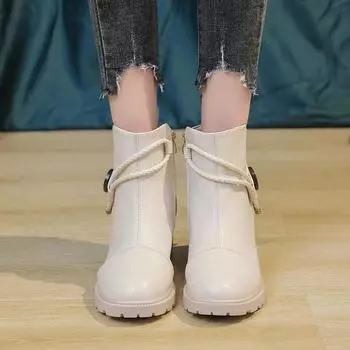 Короткие сапоги европейского и американского дизайна, женские, осень-зима 2024 года, новые короткие сапоги с боковой молнией, модные кожаные сапоги на высоком каблуке 35 бежевый