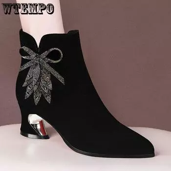 Короткие сапоги из натуральной кожи на среднем каблуке, женские ботинки из плюшевой кожи с скрабом на толстом каблуке и бриллиантами, осень и зима 35 чёрный