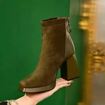 Короткие сапоги на платформе для женщин, осенняя новая мода, повседневная обувь с квадратным носком и толстым каблуком, женская обувь, универсальные сапоги с квадратным носком 35