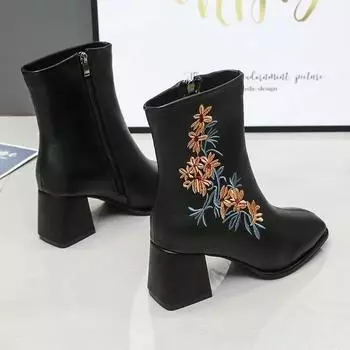 Короткие сапоги на толстом каблуке, женские, с вышивкой, на высоком каблуке, с боковой молнией, короткие сапоги, ретро, с большим квадратным носком, ботильоны Zapatillas Mujer 34