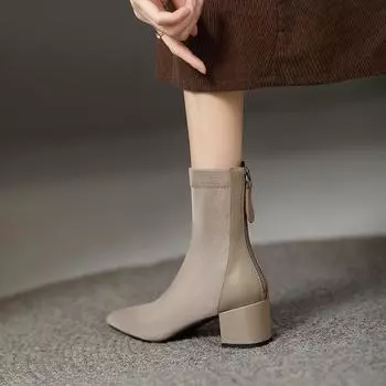 Короткие сапоги на толстом каблуке, женские тонкие сапоги на высоком каблуке, новинка осени и зимы 2024 года, замшевые сапоги, остроносые сапоги, женские эластичные сапоги 34 чёрный