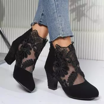 Короткие сапоги на высоком каблуке с кружевной сеткой, женские, импортные, большого размера, в европейском и американском стиле, модные, с круглым носком, на толстом каблуке, римские, классные сапоги, обувь 35 чёрный
