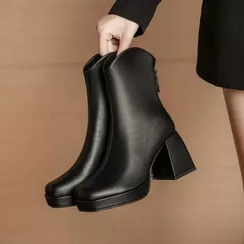 Короткие сапоги на высоком каблуке, женская модная обувь, осень-зима, толстые каблуки, водонепроницаемые, квадратный носок, большие размеры, ботильоны 2025 34 бежевый