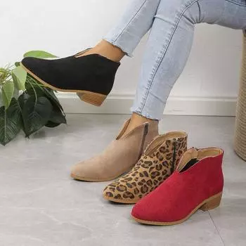 Короткие сапоги с квадратным каблуком и леопардовым принтом для женщин, замшевые сапоги с V-образным вырезом 40 чёрный