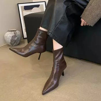 Короткие сапоги с острым носком женские сапоги 2025 года новые женские сапоги тонкие сапоги нишевые высокие каблуки европейские и американские сапоги с тонким каблуком 35