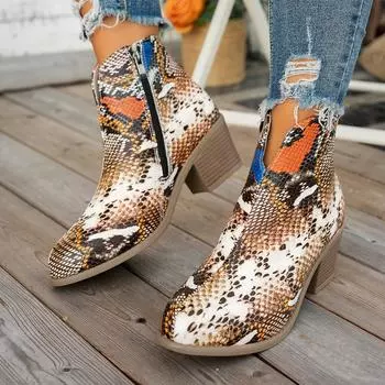 Короткие сапоги со змеиным узором, женские сапоги большого размера с острым носком на каблуке, европейский и американский стиль, весна, осень и зима 36