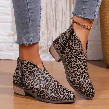Короткие сапоги женские 2024 осень и зима новые модные кожаные короткие сапоги с острым толстым каблуком с леопардовым принтом 36