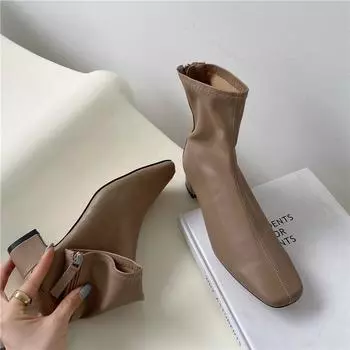 короткие сапоги женские эластичные квадратные ботильоны средний каблук босоножки мягкие кожаные женские сапоги ботинки Martin толстые документальный фильм 34
