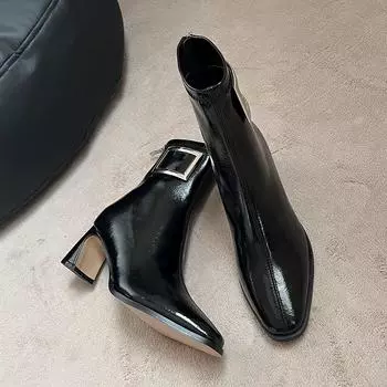 Короткие сапоги женские осенне-зимние лакированные кожаные квадратные сапоги на высоком толстом каблуке тонкие сапоги с квадратной пряжкой эластичные сапоги средней высоты 34