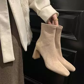 Короткие сапоги женские с квадратным носком и толстым каблуком, замшевые, с молнией сзади, на высоком каблуке, эластичные, тонкие сапоги, носки, зимние сапоги~ 35 чёрный