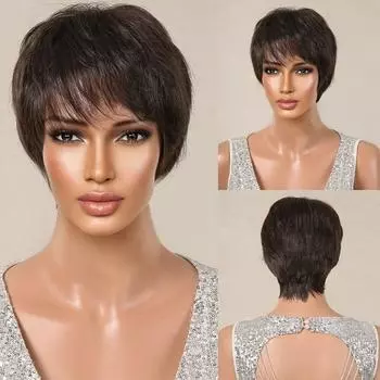 Короткие синтетические парики с стрижкой пикси Коричневый натуральный прямой многослойный парик для женщин Парик из волос для ежедневного использования с пушистой челкой Термостойкий