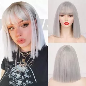 Короткие синтетические серебристо-серые с челкой Короткие прямые парики боб для женщин Косплей Повседневная вечеринка Черно-розовый парик Термостойкий парик из волокна серый