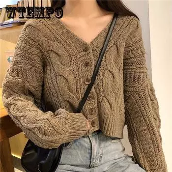 Короткие тонкие открытые передние кардиганы, укороченные топы, кардиган, куртка, женский корейский винтажный толстый вязаный свитер с v-образным вырезом, пальто, верхняя одежда S синий
