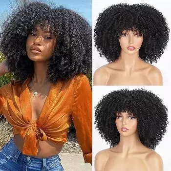 Короткие волосы, афро-кудрявый вьющийся парик с челкой для чернокожих женщин, косплей Лолита, синтетические натуральные бесклеевые коричневые смешанные светлые парики