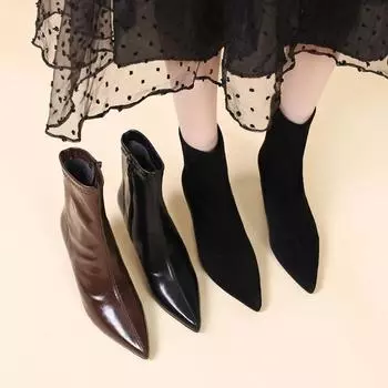 Короткие заостренные сапоги из овчины женские 2024 осень и зима новые модные простые тонкие каблуки высокие каблуки модный темперамент универсальные тонкие сапоги 34