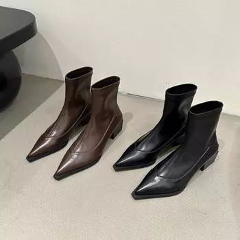 Короткие заостренные сапоги женские новые осенне-зимние женские сапоги 2025 года модные тонкие сапоги на толстом каблуке нишевый дизайн европейские и американские сапоги Martin 35 коричневый