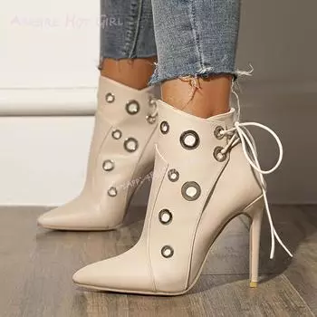 Короткие женские ботинки из кожи цвета хаки с острым носком, круглыми полыми металлическими черными молниями сзади, кисточками, на шнуровке, белые летние туфли на шпильках 35