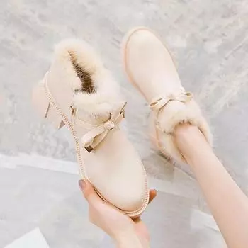 «Короткие женские сапоги на высоком каблуке в корейском стиле 2024 года из хлопка и бархата — универсальная обувь на меху на осень/зиму» plus cotton, 40 чёрный