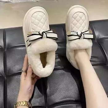 Короткие зимние ботинки женские зимние бархатные 2024 новые универсальные утолщенные теплые с бантом на одной педали хлопковые туфли Doudou 35 чёрный