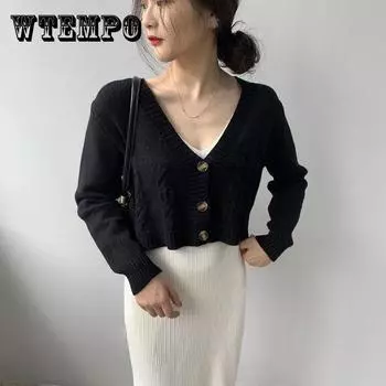 Короткий черный кардиган, женский однобортный вязаный свитер, пальто, укороченные топы для похудения, кардиганы с длинными рукавами и v-образным вырезом для женщин S