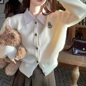 Короткий джемпер с длинными рукавами, женский свитер-кардиган на весну и осень в стиле колледжа, вязаный свитер из двух частей с накладным узором One Size грязно-белый