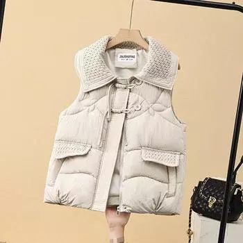 Короткий хлопковый жилет женский зимний новый модный маленький хлопковый жилет с отворотом в национальном стиле с пряжкой M чёрный