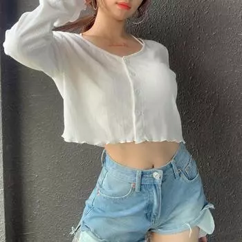 Короткий кардиган с v-образным вырезом, свободный тонкий свитер с длинными рукавами, женский топ, эстетический корейский стиль, женские вязаные укороченные топы, однотонные для отдыха S белый