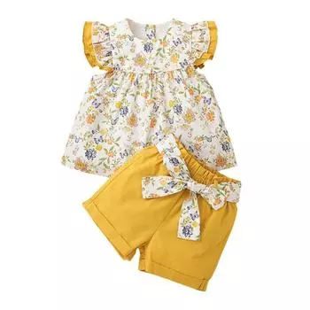 Короткий комплект для маленьких девочек, комплект из двух предметов, блузка с короткими рукавами с рюшами и цветочным принтом + шорты, повседневный струящийся топ + короткие штаны, летние наряды, От 1 до 7 лет 110