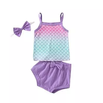 Короткий комплект для маленьких девочек с цветным градиентом, камзол русалки + шорты, повседневные топы с бретелькой на бретельках + шорты с бантом и повязкой на голову, комплект одежды из двух предметов 70