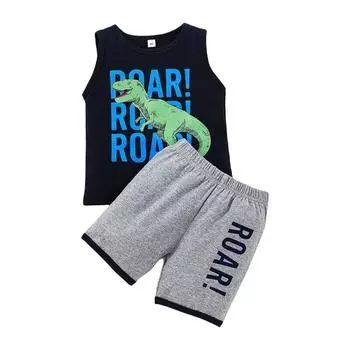 Короткий комплект для маленьких мальчиков, комплект из двух предметов, топ на бретельках с милым мультяшным динозавром + шорты, детская одежда, повседневный жилет + короткие штаны, От 1 до 5 лет 90