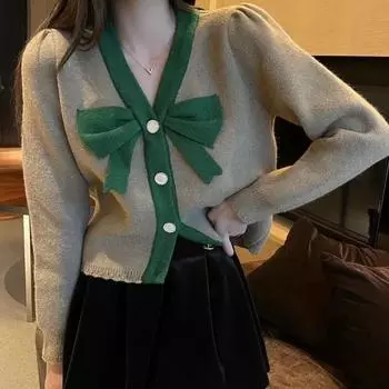 Короткий корейский кардиган с бантом, свитер с v-образным вырезом, женский весенне-осенний повседневный вязаный кардиган с длинным рукавом, свитер с длинным рукавом, топ One Size красный