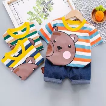 Короткий костюм для маленьких мальчиков, новые летние шорты с мультяшным принтом для мальчиков, детский летний костюм из двух предметов 90