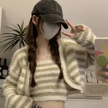 Короткий модный свитер в стиле Pure Desire, женский полосатый вязаный кардиган, майка в западном стиле, комплект из двух предметов, женское пальто One Size чёрный