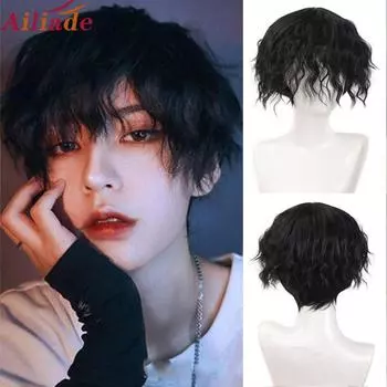 Короткий парик Aosiwig, натуральный коричневый прямой парик для мужчин, женщин, мальчиков, синтетические волосы с челкой, косплей, аниме, повседневный парик на Хэллоуин