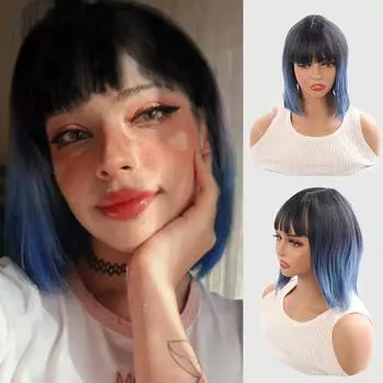 Короткий парик Боб, прямые волосы, черный градиент, синий синтетический парик с челкой, женский термостойкий парик, повседневная одежда для волос