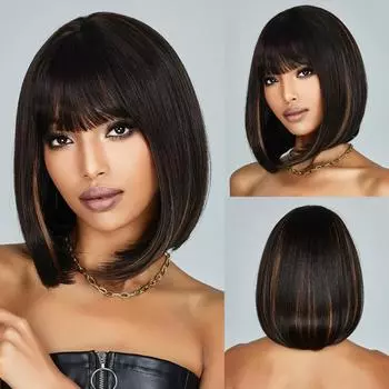 Короткий парик, черные, блондинки, прямые волосы на каждый день, синтетические парики боб с челкой для женщин, косплей, Лолита, искусственные волосы, высокотемпературный парик черный коричневый