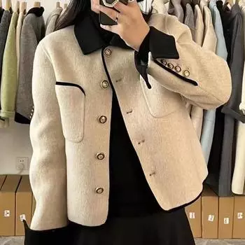 Короткий пиджак, женское весенне-осеннее двустороннее шерстяное контрастное шерстяное пальто, короткое пальто S бежевый