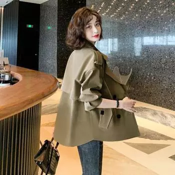 Короткий плащ-тренчкот Temperament, женская весенняя одежда, новая свободная повседневная куртка с воротником и длинными рукавами S легкие хаки