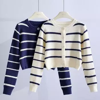 Короткий полосатый свитер в стиле ретро, женское пальто 2023, осень, осень 2023, японская свободная верхняя одежда с длинным рукавом, маленький вязаный кардиган, женский свитер One Size синий