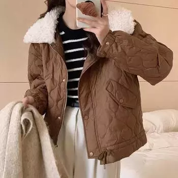 Короткий пуховик из овечьей шерсти для женщин 2024 года, зима, новый модный дизайн, теплое маленькое пальто с клеевым слоем, прилив S темно-коричневого