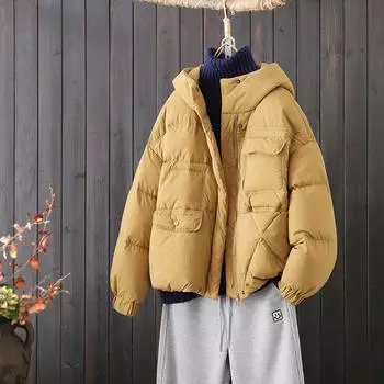 Короткий пуховик с капюшоном для женщин 2024 года, зимняя утолщенная одежда из хлеба, модная свободная зимняя одежда из белого утиного пуха S чёрный