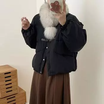 Короткий пуховик с меховым воротником и шарфом, женская зимняя новая куртка высокого класса 2024 года, сладкая маленькая молочная куртка huhu temperament One Size