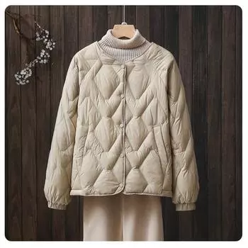 Короткий пуховик с V-образным вырезом 90 см, осень-зима 2024 года, новая женская мода, универсальная ромбовидная сетка с многослойной курткой S хаки