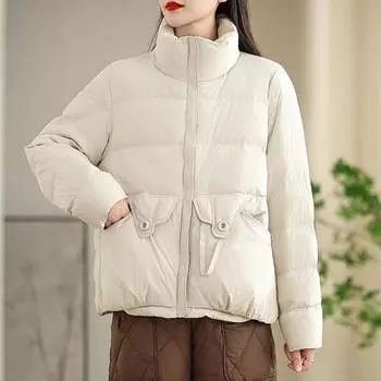 Короткий пуховик с воротником-стойкой в стиле ретро для женщин 2024 года, новое модное повседневное пальто на белом утином пуху в литературном стиле S