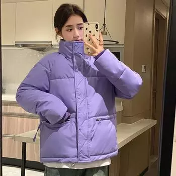 Короткий пуховик с воротником-стойкой женский, новинка 2023 года, зима, новая женская свободная молния, однотонный маленький цвет M чёрный