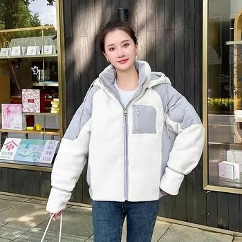 Короткий пуховик женский, новинка 2023 года, куртка из овечьей шерсти с капюшоном, зимнее пальто M чёрный