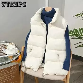 Короткий пуховый хлопковый жилет, утепленный, теплый женский, пальто без рукавов высшего класса, с воротником-стойкой, тонкий офисный женский новый модный осенне-зимний M чёрный