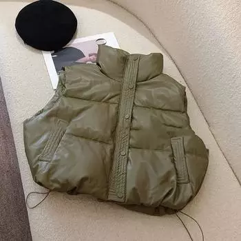 Короткий пуховый жилет из искусственной кожи для женщин 2024 года, осень-зима, новый модный воротник-стойка, теплый белый жилет на утином пуху, американский жилет S темно-коричневого