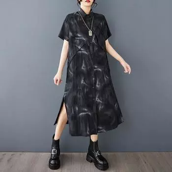 Короткий рукав Плюс размер винтажный черный новый в платьях для женщин повседневный свободный длинный летний рубашка платье