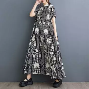 Короткий рукав свободного покроя плюс размер модный принт утягивающее платье средней длины One Size